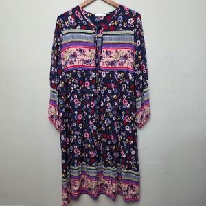 R.Vivimos Floral Boho Midi Dress Women XL Navy Blue Long Sleeve Cotton Blend Tie